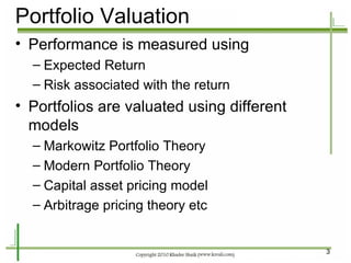 Portfolio Valuation Performance is measured using Expected Return Risk associated with the return Portfolios are valuated using different models Markowitz Portfolio Theory Modern Portfolio Theory Capital asset pricing model Arbitrage pricing theory etc 