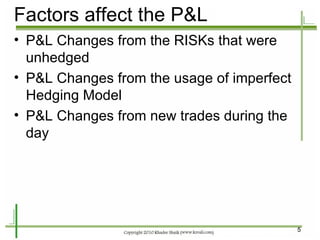 Factors affect the P&L P&L Changes from the RISKs that were unhedged P&L Changes from the usage of imperfect Hedging Model P&L Changes from new trades during the day 
