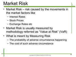 Market Risk Market Risk – risk caused by the movements in the market factors like Interest Rates Stock Prices Exchange Rates etc Market Risk is usually measured by methodology referred as “Value at Risk” (VaR) What is meant by Measuring Risk The probability of adverse circumstance happening The cost of such adverse circumstance 