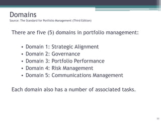 Domains
Source: The Standard for Portfolio Management (Third Edition)
There are five (5) domains in portfolio management:
• Domain 1: Strategic Alignment
• Domain 2: Governance
• Domain 3: Portfolio Performance
• Domain 4: Risk Management
• Domain 5: Communications Management
Each domain also has a number of associated tasks.
11
 