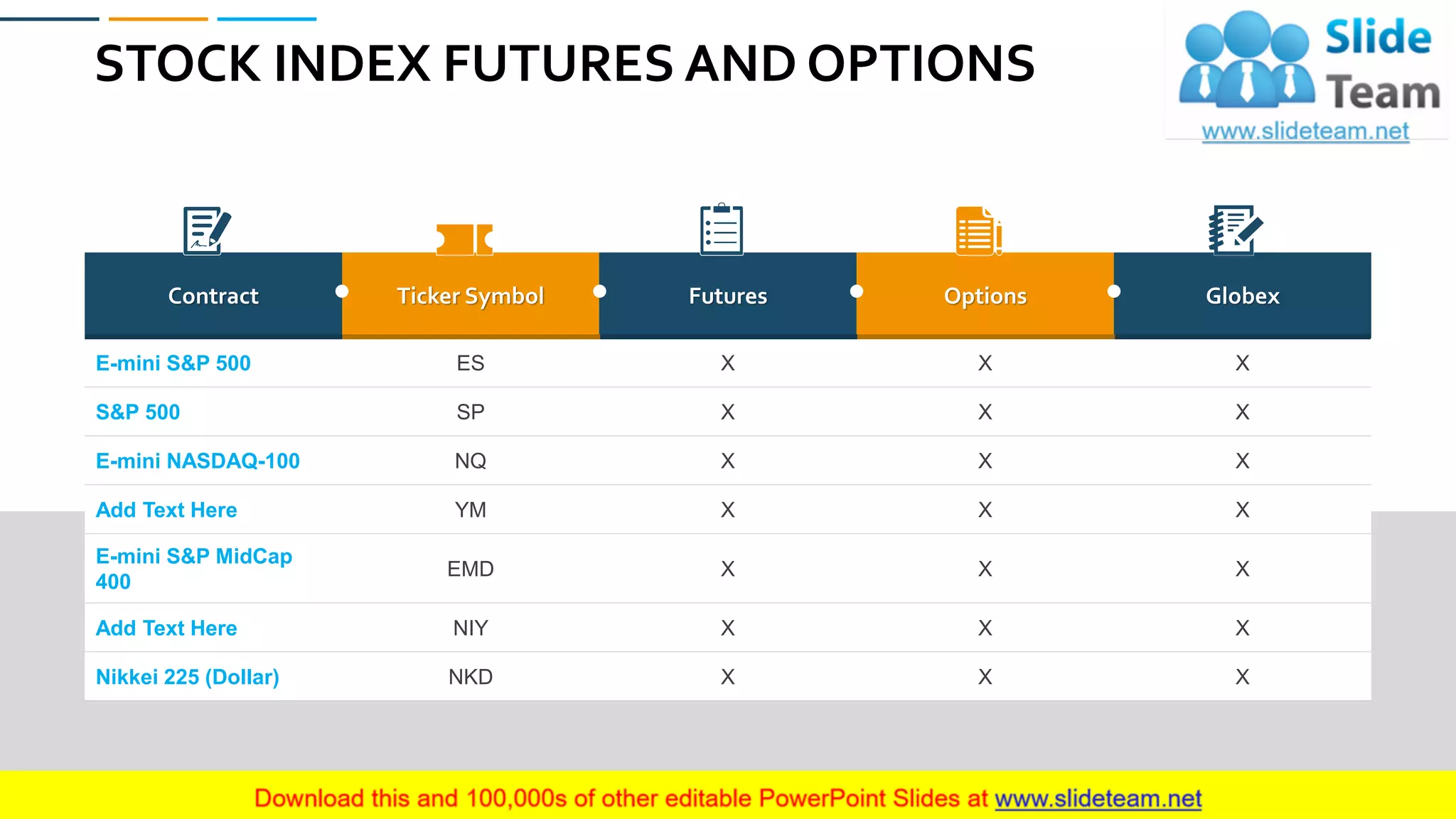 STOCK INDEX FUTURES AND OPTIONS
40
Contract Ticker Symbol Futures Options Globex
E-mini S&P 500 ES X X X
S&P 500 SP X X X
E-mini NASDAQ-100 NQ X X X
Add Text Here YM X X X
E-mini S&P MidCap
400
EMD X X X
Add Text Here NIY X X X
Nikkei 225 (Dollar) NKD X X X
 