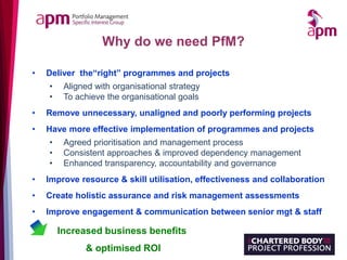 Why do we need PfM?
• Deliver the“right” programmes and projects
• Aligned with organisational strategy
• To achieve the o...