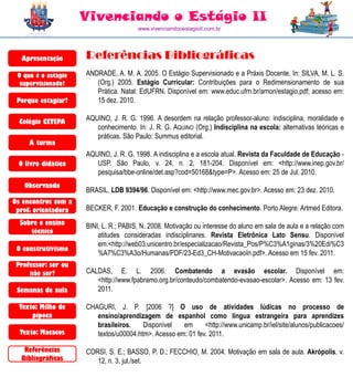 Vivenciando o Estágio II
                                       www.vivenciandooestagioII.com.br




  Apresentação       Referências Bibliográficas
 O que é o estágio   ANDRADE, A. M. A. 2005. O Estágio Supervisionado e a Práxis Docente. In: SILVA, M. L. S.
  supervisionado?       (Org.) 2005. Estágio Curricular: Contribuições para o Redimensionamento de sua
                        Prática. Natal: EdUFRN. Disponível em: www.educ.ufrn.br/arnon/estagio.pdf; acesso em:
 Porque estagiar?       15 dez. 2010.

  Colégio CETEPA     AQUINO, J. R. G. 1996. A desordem na relação professor-aluno: indisciplina, moralidade e
                        conhecimento. In: J. R. G. AQUINO (Org.) Indisciplina na escola: alternativas teóricas e
                        práticas. São Paulo: Summus editorial.
     A turma
                     AQUINO, J. R. G. 1998. A indisciplina e a escola atual. Revista da Faculdade de Educação -
 O livro didático       USP. São Paulo, v. 24, n. 2, 181-204. Disponível em: <http://www.inep.gov.br/
                        pesquisa/bbe-online/det.asp?cod=50168&type=P>. Acesso em: 25 de Jul. 2010.
   Observando
                     BRASIL. LDB 9394/96. Disponível em: <http://www.mec.gov.br>. Acesso em: 23 dez. 2010.
Os encontros com a
 prof. orientadora   BECKER, F. 2001. Educação e construção do conhecimento. Porto Alegre: Artmed Editora.
  Sobre o ensino     BINI, L. R.; PABIS, N. 2008. Motivação ou interesse do aluno em sala de aula e a relação com
     técnico
                         atitudes consideradas indisciplinares. Revista Eletrônica Lato Sensu. Disponível
                         em:<http://web03.unicentro.br/especializacao/Revista_Pos/P%C3%A1ginas/3%20Edi%C3
 O construtivismo
                         %A7%C3%A3o/Humanas/PDF/23-Ed3_CH-MotivacaoIn.pdf>. Acesso em 15 fev. 2011.
 Professor: ser ou
     não ser?        CALDAS, E. L. 2006. Combatendo a evasão escolar. Disponível em:
                        <http://www.fpabramo.org.br/conteudo/combatendo-evasao-escolar>. Acesso em: 13 fev.
 Semanas de aula        2011.

  Texto: Milho de    CHAGURI, J. P. [2006 ?] O uso de atividades lúdicas no processo de
      pipoca            ensino/aprendizagem de espanhol como língua estrangeira para aprendizes
                        brasileiros.    Disponível   em      <http://www.unicamp.br/iel/site/alunos/publicacoes/
  Texto: Macacos        textos/u00004.htm>. Acesso em: 01 fev. 2011.

   Referências       CORSI, S. E.; BASSO, P. D.; FECCHIO, M. 2004. Motivação em sala de aula. Akrópolis, v.
  Bibliográficas        12, n. 3, jul./set.
 