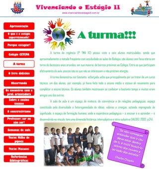 Vivenciando o Estágio II
                                           www.vivenciandooestagioII.com.br




  Apresentação

 O que é o estágio
  supervisionado?                                        A turma!!!
 Porque estagiar?

  Colégio CETEPA
                               A turma da regência (1° TMA V2) possui vinte e seis alunos matriculados, sendo que
                      aproximadamente a metade freqüenta com assiduidade as aulas de Biologia, são alunos com faixa etária em
     A turma          torno de dezesseis anos oriundos, em sua maioria, de bairros próximos ao Colégio. Entre os que participam
                      efetivamente da aula, poucos são os que não se interessam e não prestam atenção.
 O livro didático
                               A turma demonstrou ser bastante esforçada, acho que principalmente por se tratar de um curso
   Observando         técnico; um dos alunos, por exemplo, já havia feito todo o ensino médio e estava ali novamente para

Os encontros com a    completar o ensino técnico. Os alunos também mostravam se conhecer a bastante tempo e muitos eram
 prof. orientadora    amigos uns dos outros.
  Sobre o ensino               A sala de aula é um espaço de vivência, de convivência e de relações pedagógicas, espaço
     técnico
                      constituído pela diversidade e heterogeneidade de idéias, valores e crenças, estando impregnado de
 O construtivismo
                      significado, é espaço de formação humana, onde a experiência pedagógica – o ensinar e o aprender – é
 Professor: ser ou    desenvolvida no vínculo: tem uma dimensão histórica, intersubjetiva e intra-subjetiva (VALDEZ, 2002, p.24).
     não ser?

 Semanas de aula

  Texto: Milho de
      pipoca

  Texto: Macacos

   Referências
  Bibliográficas
 