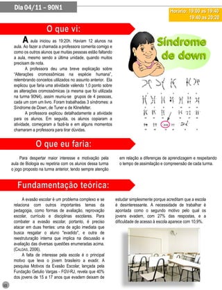 Dia 04/11 – 90N1                                                                          Horário: 19:00 as 19:40
                                                                                                         19:40 as 20:20



           A aula iniciou as 19:20h. Haviam 12 alunos na
      aula. Ao fazer a chamada a professora comenta comigo e
      como os outros alunos que muitas pessoas estão faltando
      a aula, mesmo sendo a última unidade, quando muitos
      precisam de nota.
             A professora deu uma breve explicação sobre
      “Alterações cromossômicas na espécie humana”,
      relembrando conceitos utilizados no assunto anterior. Ela
      explicou que faria uma atividade valendo 1,0 ponto sobre
      as alterações cromossômicas (a mesma que foi utilizada
      na turma 90N4), assim reuniu-se grupos de 4 pessoas,
      cada um com um livro. Foram trabalhadas 3 síndromes: a
      Síndrome de Down, de Tuner e de Klinefelter.
             A professora explicou detalhadamente a atividade
      para os alunos. Em seguida, os alunos copiaram a
      atividade, começaram a fazê-la e em alguns momentos
      chamaram a professora para tirar dúvidas.




          Para despertar maior interesse e motivação pela           em relação a diferenças de aprendizagem e respeitando
     aula de Biologia eu repetiria com os alunos dessa turma        o tempo de assimilação e compreensão de cada turma.
     o jogo proposto na turma anterior, tendo sempre atenção




           A evasão escolar é um problema complexo e se           estudar simplesmente porque acreditam que a escola
      relaciona com outros importantes temas da                   é desinteressante. A necessidade de trabalhar é
      pedagogia, como formas de avaliação, reprovação             apontada como o segundo motivo pelo qual os
      escolar, currículo e disciplinas escolares. Para            jovens evadem, com 27% das respostas, e a
      combater a evasão escolar, portanto, é preciso              dificuldade de acesso à escola aparece com 10,9%.
      atacar em duas frentes: uma de ação imediata que
      busca resgatar o aluno "evadido", e outra de
      reestruturação interna que implica na discussão e
      avaliação das diversas questões enumeradas acima.
      (CALDAS, 2006).
           A falta de interesse pela escola é o principal
      motivo que leva o jovem brasileiro a evadir. A
      pesquisa Motivos da Evasão Escolar, lançada pela
      Fundação Getulio Vargas - FGV-RJ, revela que 40%
      dos jovens de 15 a 17 anos que evadem deixam de
10
 