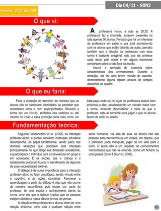 Dia 04/11 – 90N2
Horário: 20:20 as 21:00




                                                                   A       professora iniciou a aula as 20:20. A
                                                                 professora fez a chamada, estavam presentes na
                                                                 sala apenas 06 alunos. Percebo que há um interesse
                                                                 da professora em saber o que está acontecendo
                                                                 com os alunos que estão faltando as aulas, percebo
                                                                 também que a relação da professora com essa
                                                                 turma é bastante amigável, noto que ela conhece
                                                                 cada aluno pelo nome e em alguns momentos
                                                                 conversam sobre a vida fora da escola.
                                                                      Houve a correção do exercício sobre
                                                                 características dos cromossomos. Durante a
                                                                 correção, ela fez uma breve revisão do assunto,
                                                                 demonstrando alguns tópicos através de simples
                                                                 desenhos no quadro.




         Faria a correção do exercício de maneira que os         bate-papo onde eu no lugar de professora estaria bem
     alunos não se sentissem intimidados ao perceber que         próximos a eles, estabelecendo um contato maior com
     cometeram erros e nem envergonhados. Reuniria a             a turma, tentando desmistificar a idéia de que o
     turma em um círculo, sentados nas cadeiras ou até           professor esta ali somente para julgar o que os alunos
     mesmo no chão e essa correção seria mais como um            fazem de certo ou errado.




            Segundo Vasconcelos et al. (2005) na interação        seres humanos. Na sala de aula, os alunos não são
     professor-aluno, a escola enquanto instituição educativa     pessoas para transforma-se em coisas, em objetos, que
     desempenha um papel fundamental, sendo palco das             o professor pode manipular, jogar de um lado para o
     diversas situações que propiciam esta interação              outro. O aluno não é um depósito de conhecimentos
     principalmente no que tange sua dimensão socializante,       memorizados que não se entende, como um fichário ou
     a qual prepara o indivíduo para a convivência em grupo e     uma gaveta (SILVA & SANTOS, 2006).
     em sociedade. É na escola, que a criança e o
     adolescente procuram buscar o atendimento de algumas
     de suas necessidades afetivas.
            O diálogo é de suma importância para a interação
     professor-aluno no fator psicológico, sendo vínculo entre
     o cognitivo e as ações concretas. Favorecer a
     aprendizagem a partir do diálogo é algo que não ocorre
     de maneira espontânea, pois requer por parte do
     professor, ter uma escrita e conhecimento atento da
     turma, uma vez que o diálogo implica que as pessoas
     estejam abertas a nossa idéia e formas de pensar.
            A relação entre professores e alunos deve ser uma
     relação dinâmica, como toda e qualquer relação entre                                                             11
 