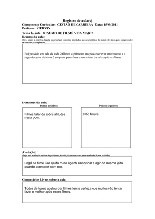 Registro de aula(s)
Componente Curricular: GESTÃO DE CARREIRA Data: 15/09/2011
Professor: GERSON
Tema da aula: RESUMO DO FILME VIDA MARIA
Resumo da aula:
(Deve conter o objetivo da aula, os principais conceitos abordados, as características de maior relevância para compreender
os conceitos, exemplos etc.)




  Foi passado em sala de aula 2 filmes o primeiro era para escrever um resumo e o
  segundo para elaborar 2 resposta para fazer a um aluno da sala após os filmes




Destaques da aula:
                   Pontos positivos                                                  Pontos negativos


  Filmes falando sobre atitudes                                     Não houve.
  muito bom.




Avaliação:
(Faça uma avaliação sucinta do professor, da aula, da turma e uma auto-avaliação de seu trabalho)



  Legal os filme isso ajuda muito agente raciocinar e agir do mesmo jeito
  quando acontecer com nos.



Comentários Livres sobre a aula:

  Todos da turma gostou dos filmes tenho certeza que muitos vão tentar
  fazer o melhor após esses filmes.
 