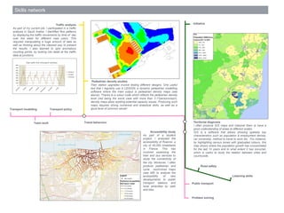 Skills network
Territorial diagnosis
I often produce GIS maps and interpret them to have a
good understanding of areas at different scales.
GIS is a software that allows showing spatially key
characteristics such as population & employment density,
car ownership, method to travel to work etc. For instance,
by highlighting census zones with graduated colours, this
map shows where the population growth has concentrated
for the last 10 years and to what extent it has occurred,
which is useful to study the relation between cities and
countryside.
Accessibility study
As part of a student
project, I analysed the
accessibility of Roanne, a
city of 45,000 inhabitants
in France. This has
involved assessing the
train and bus services to
study the connectivity of
the city. Moreover, I often
produce pedestrian and
cycle isochrones maps
(see left) to analyse the
accessibility of new
developments to public
transport stations and
local amenities by walk
and bike.
Traffic analysis
As part of my current job, I participated in a traffic
analysis in Saudi Arabia. I identified flow patterns
by displaying the traffic movements by time of day
over the week for different road users. This
required manipulating a huge amount of data as
well as thinking about the clearest way to present
the results. I also learned to spot anomalous
counting points, by looking into detail at the traffic
data at junctions.
Pedestrian density studies
Train station upgrades involve testing different designs. One useful
tool that I regularly use is LEGION, a dynamic pedestrian modelling
software where the main output is pedestrian density maps (see
above). Thanks to a colour code which reflects the pedestrian density
level (red being the worst case with more than 2.17persons/sqm),
density maps allow spotting potential capacity issues. Producing such
maps requires strong numerical and analytical skills, as well as a
good level of common sense!Transport modelling
Team work
Transport policy
Road safety
Public transport
Travel behaviour
Initiative
Listening skills
Problem solving
Total traffic flow (thousand vehicles)
 