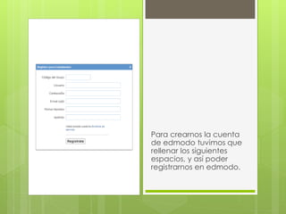 Para crearnos la cuenta
de edmodo tuvimos que
rellenar los siguientes
espacios, y así poder
registrarnos en edmodo.
 