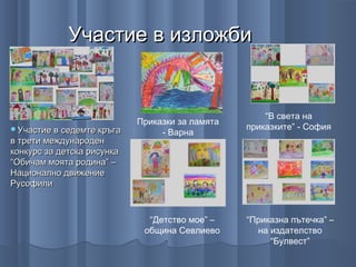 Участие в изложби


                                                     “В света на
                            Приказки за ламята
Участие в седемте кръга                         приказките” - София
                                 - Варна
в трети международен
конкурс за детска рисунка
“Обичам моята родина” –
Национално движение
Русофили



                              “Детство мое” –    “Приказна пътечка” –
                             община Севлиево       на издателство
                                                      “Булвест”
 