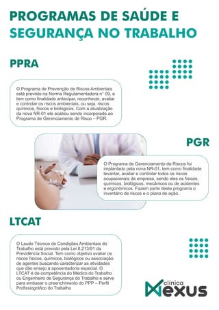 O Laudo Técnico de Condições Ambientais do
Trabalho está previsto pela Lei 8.213/91 da
Previdência Social. Tem como objetivo avaliar os
riscos físicos, químicos, biológicos ou associação
de agentes buscando caracterizar as atividades
que dão ensejo à aposentadoria especial. O
LTCAT é de competência do Médico do Trabalho
ou Engenheiro de Segurança do Trabalho e serve
para embasar o preenchimento do PPP – Perﬁl
Proﬁssiográﬁco do Trabalho
O Programa de Prevenção de Riscos Ambientais
está previsto na Norma Regulamentadora n° 09, e
tem como ﬁnalidade antecipar, reconhecer, avaliar
e controlar os riscos ambientais, ou seja, riscos
químicos, físicos e biológicos. Com a atualização
da nova NR-01 ele acabou sendo incorporado ao
Programa de Gerenciamento de Risco – PGR.
O Programa de Gerenciamento de Riscos foi
implantado pela nova NR-01, tem como ﬁnalidade
levantar, avaliar e controlar todos os riscos
ocupacionais da empresa, sendo eles os físicos,
químicos, biológicos, mecânicos ou de acidentes
e ergonômicos. Fazem parte deste programa o
inventário de riscos e o plano de ação.
 