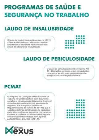 O Laudo de periculosidade está previsto na NR-
16 – Operações perigosas, e tem como objetivo
caracterizar as atividades perigosas que dão
ensejo ao adicional de periculosidade.
O laudo de insalubridade está previsto na NR-15
– Operações insalubres, e tem como objetivo
caracterizar as atividades insalubres que dão
ensejo ao adicional de insalubridade.
O Programa de Condições e Meio Ambiente de
Trabalho na Construção Civil é um documento
completo e minucioso cuja ideia central é prevenir
acidentes de trabalho em todas as esferas do
segmento. Ele é amparado pela Norma
Regulamentadora de número 18 (NR-18), que é
voltada ao setor de construção civil e estabelece
parâmetros mínimos de segurança nos canteiros
de obras. Atualmente substituído pelo Programa
de Gerenciamento de Riscos, com algumas
particularidades previstas na NR-18.
 