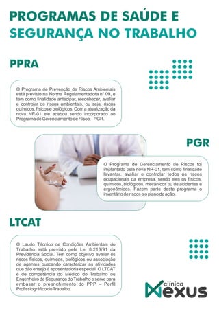 O Laudo Técnico de Condições Ambientais do
Trabalho está previsto pela Lei 8.213/91 da
Previdência Social. Tem como objetivo avaliar os
riscos físicos, químicos, biológicos ou associação
de agentes buscando caracterizar as atividades
que dão ensejo à aposentadoria especial. O LTCAT
é de competência do Médico do Trabalho ou
Engenheiro de Segurança do Trabalho e serve para
embasar o preenchimento do PPP – Perﬁl
Proﬁssiográﬁco doTrabalho
O Programa de Prevenção de Riscos Ambientais
está previsto na Norma Regulamentadora n° 09, e
tem como ﬁnalidade antecipar, reconhecer, avaliar
e controlar os riscos ambientais, ou seja, riscos
químicos, físicos e biológicos. Com a atualização da
nova NR-01 ele acabou sendo incorporado ao
Programa de Gerenciamento de Risco – PGR.
O Programa de Gerenciamento de Riscos foi
implantado pela nova NR-01, tem como ﬁnalidade
levantar, avaliar e controlar todos os riscos
ocupacionais da empresa, sendo eles os físicos,
químicos, biológicos, mecânicos ou de acidentes e
ergonômicos. Fazem parte deste programa o
inventário de riscos e o plano de ação.
 