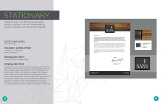 STATIONARY
Using the logo from the previous project,
design a business card and letterhead that
create a cohesive and unified brand identity.
DATE COMPLETED
COURSE | INSTRUCTOR
October 26, 2016
COMM 130: Visual Media
Bianca Rodriguez
PROGRAMS USED
Adobe Illustrator, Adobe InDesign
DESIGN PROCESS
To create the wood and word patterned image at the top of the
letterhead and back of the business card, I created a pattern of
eating-related verbs using Illustrator. I then changed the font
color to white, saved it as a .png, and overlaid it on top of the
wood image, reducing the opacity to make the effect more
subtle. I also extracted the wheat stalk from the logo and saved
it separately so that I could use it as a design element. I was
then able to create the letterhead and business card using
InDesign. I wanted to create a design that was contemporary
and sophisticated to match the higher-end aesthetic of the logo.
3 4
 