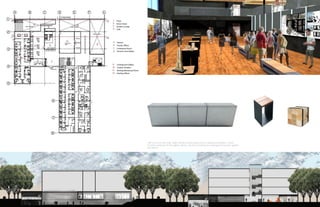 10
Left: Level one floor plan. Right: Student presenting work at underground gallery. Center:
Furniture selection for the gallery. Below. Sections showing the underground pavilion, gallery
and atrium.
 