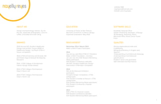 3
ABOUT ME
Design and technology interest. Joy for
the arts, especially photography. Love for
coffee, chocolate and bike riding.
AWARDS
2015 Annual SES Student Healthcare
Design Intervention: Future (2035) of
Healthcare Design. 1st Place UTSA in-
house competition.
2014 UTSA Scholarship and Awards. Bill
and Diane Hays Endowed Scholarship
Recipient.
2014 UTSA College of Architecture
Interior Design Studio Award.
2014 UTSA College of Architecture
Dean’s Honor List
2013 UTSA College of Architecture
Dean’s Honor List
	
EDUCATION
University of Texas at San Antonio
Bachelor of Science in Interior Design.
Expected Graduation: May 2015.
INVOLVEMENT
December 2014- March 2015
Make a Wish Project Participant.
2015
May 2014-Apr 2015. IIDA UTSA CC President,
Make a Wish Foundation, volunteer
Dec 2014 -Mar 2015. IIDA Student Mentoring
Week participant.
IIDA Student Conference attendee.
AIA SES Student Healthcare Design
Intervention UTSA team competitor.
2014
AIA LIA Architecture Exhibition,
participant
Donghia Design Competition, UTSA
ambassador.
IIDA Student Charette at Neocon, UTSA
ambassador.
IIDA Student Mentoring Week participant.
IIDA Student Conference Charette
participant.
2013
IIDA UTSA CC Historian Leader.
IIDA Student Conference atendee
IIDA Student Mentoring Week participant.
SOFTWARE SKILLS
Autodesk: Autocad, Revit
Adobe: Photoshop, Illustrator, InDesign
3D Modeling: SketchUp, Rhino
Microsoft Office: Word, Excel, Power
Point
QUALITIES
Strong organizational skills and
multitasking.
Bilingual proficiency in English and
Spanish.
Understanding of architectural drawings.
Understanding of architectural
specifications.
Problem solver and generalist.
Self motivated and fast learner.
210.910.7589
nayreyes1@hotmail.com
linkedin.com/nayreyes
 