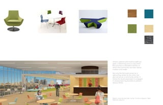 8
Visitors, patients and medical staff can
grab a refreshing juice or snack from
the juice bar or education kitchen, in
which the community can learn about
nutrition and health.
Not only the first level serves as a
welcoming center for the clinic, but
also serves as a community center in
where the Austin population is engaged
in several learning activities to prevent
serious illness.
Bottom: Juice bar and cafe. Center: Furniture selection. Right:
Materials selection.
 