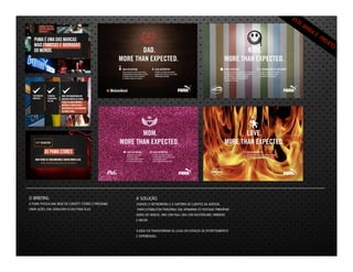 O BRIEFING

A SOLUÇÃO

A PUMA POSSUI UMA REDE DE CONCEPT STORES E PRECISAVA
CRIAR AÇÕES QUE GERASSEM FLUXO PARA ELAS.

USAMOS O NETWORKING E A CARTEIRA DE CLIENTES DA AGÊNCIA,
PARA ESTABELECER PARCERIAS QUE ATIVARIAM OS PDVSNAS PRINCIPAIS
DATAS DO VAREJO, ORA COM P&G, ORA COM MASTERCARD, HEINEKEN
E ARCOR.
A IDÉiA FOI TRANSFORMAR AS LOJAS EM ESPAÇOS DE ENTRETENIMENTO
E EXPERIÊNCIAS.

 