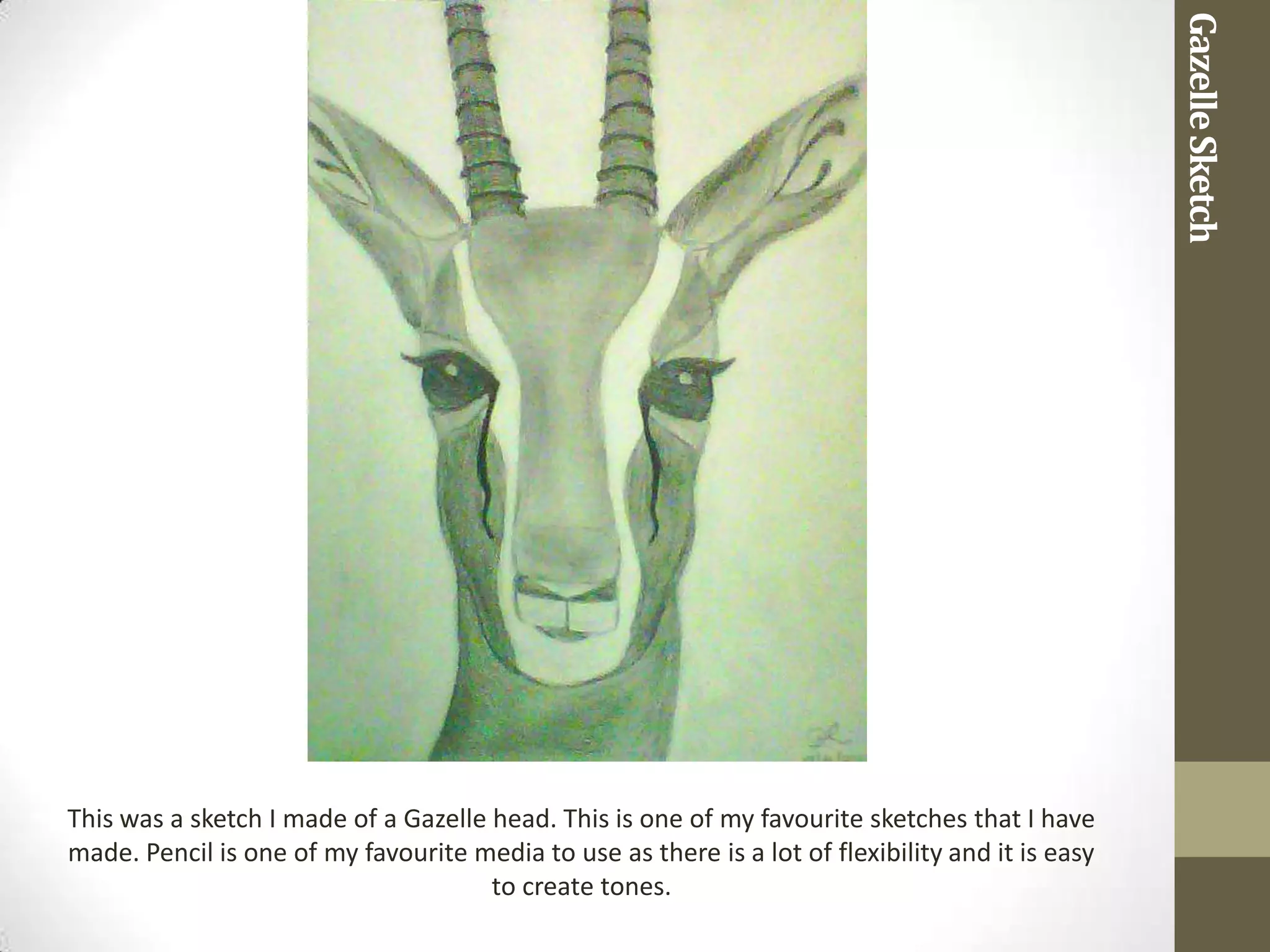 Gazelle Sketch
This was a sketch I made of a Gazelle head. This is one of my favourite sketches that I have
made. Pencil is one of my favourite media to use as there is a lot of flexibility and it is easy
                                      to create tones.
 