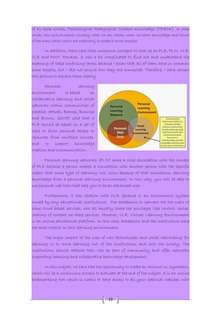 of all three circles, Technological Pedagogical Content Knowledge (TPACK). In other 
words, this picture shows visually what we can obtain when we share knowledge and think 
of the main parts which are necessary to make it more complex. 
In addition, there were other unknown concepts to look up as PLE, PLN, VLE, 
CLE and PWT. However, it was a bit complicated to find out and understand the 
meaning of these confusing terms because I knew that all of them have in common 
some aspects, but I did not ensure how they are connected. Therefore, I have chosen 
this picture to explain them clearly. 
13 
Personal learning 
environment is based on 
collaborative learning and social 
networks within communities of 
practice. Attwell. Barnes, Bimrose 
and Brown, (2008) said that a 
PLE should be based on a set of 
tools to allow personal access to 
resources from multiple sources, 
and to support knowledge 
creation and communication. 
Personal learning networks (PLN) share a close association with the concept 
of PLE because a person makes a connection with another person with the specific 
intent that some type of learning will occur because of that connection, deriving 
knowledge from a personal learning environment. In this way, you will be able to 
use personal web tools that help you to be an advanced user. 
Furthermore, It has relation with CLE, because is an autonomous system 
owned by any educational institutions. The academics or learners are the users of 
some cloud based services, who all equally share the privileges like control, choice, 
sharing of content on these services. However, VLE, Virtual Learning Environment 
is an online educational platform. In this case, academics and the institutions have 
the most control on this learning environment. 
The major impact of the uses of new technologies and social networking for 
learning is to move learning out of the institutions and into the society. The 
Institutions should rethink their role as part of community and offer networks 
supporting learning and collaborative knowledge development. 
In this subject, we have had the opportunity to create an account in Symbaloo, 
which will be a continuous process to evaluate at the end of the subject. It is an online 
bookmarking tool which is useful to have access to all your habitual websites with 
 