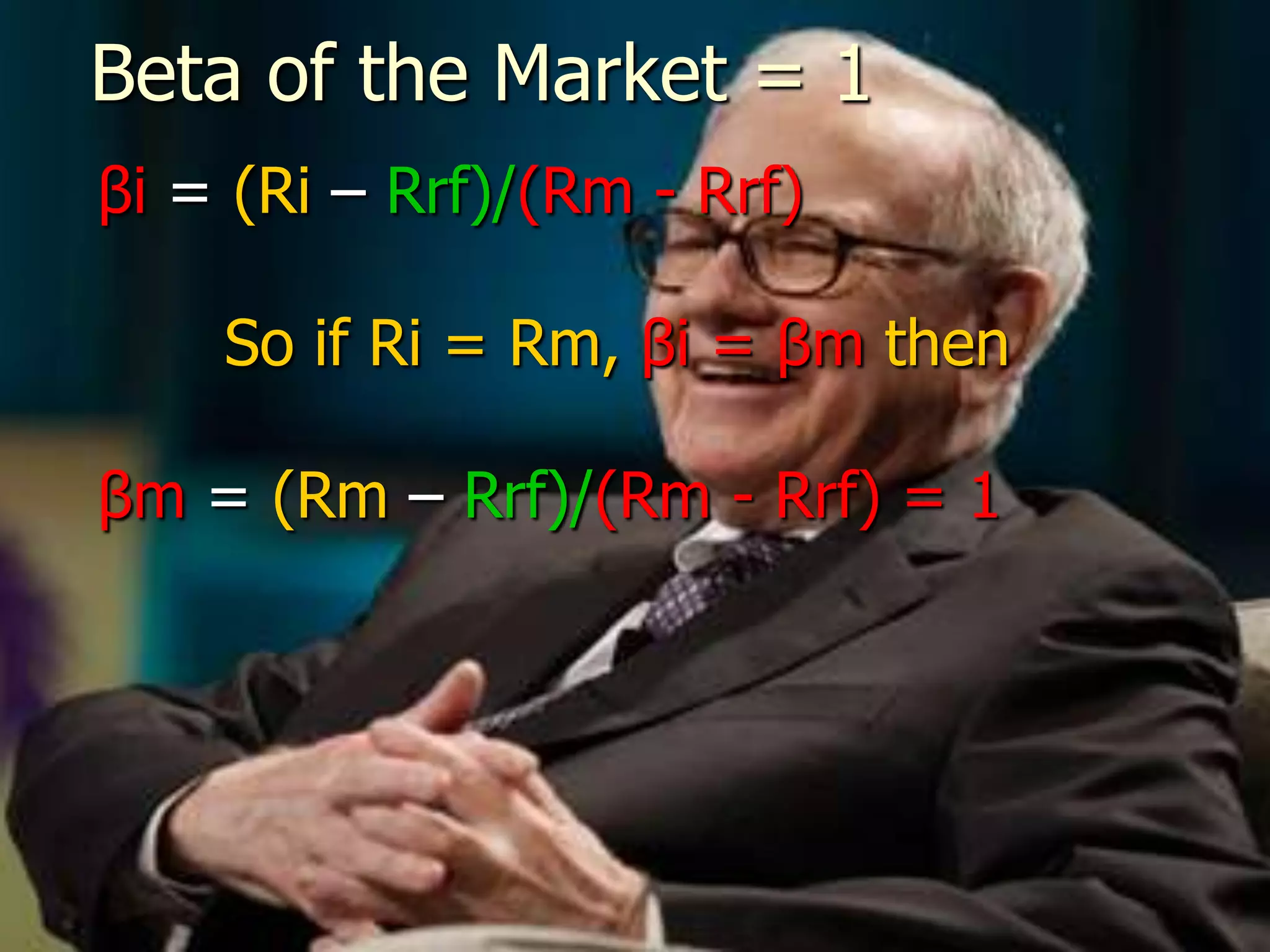  Beta of the Market = 1βi= (Ri– Rrf)/(Rm - Rrf)		So if Ri = Rm, βi = βm thenβm = (Rm– Rrf)/(Rm - Rrf) = 1