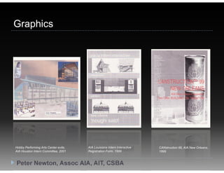 Graphics




Hobby Performing Arts Center evite,   AIA Louisiana Intern Interactive   CANstruction 99, AIA New Orleans,
AIA Houston Intern Committee, 2001    Registration Form, 1999            1999



Peter Newton, Assoc AIA, AIT, CSBA
 
