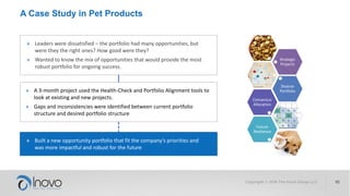 A Case Study in Pet Products
» Leaders were dissatisfied – the portfolio had many opportunities, but
were they the right ones? How good were they?
» Wanted to know the mix of opportunities that would provide the most
robust portfolio for ongoing success.
» A 3-month project used the Health-Check and Portfolio Alignment tools to
look at existing and new projects.
» Gaps and inconsistencies were identified between current portfolio
structure and desired portfolio structure
» Built a new opportunity portfolio that fit the company’s priorities and
was more impactful and robust for the future
Strategic
Projects
Consensus
Allocation
Diverse
Portfolio
Future
Resilience
 