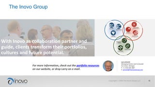 The Inovo Group
For more information, check out the portfolio resources
on our website, or drop Larry an e-mail.
With Inovo as collaboration partner and
guide, clients transform their portfolios,
cultures and future potential.
Larry Schmitt
Managing Partner and Co-founder
Ann Arbor, Michigan
P: +1 (734) 604-3887
E: lschmitt@TheInovoGroup.com
 