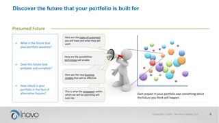 Discover the future that your portfolio is built for
» What is the future that
your portfolio assumes?
» Does this future look
probable and complete?
» How robust is your
portfolio in the face of
alternative futures?
This is what the ecosystem within
which we will be operating will
look like
Here are the types of customers
you will have and what they will
want
Here are the new business
models that will be effective
Here are the possibilities
technology will enable
Each project in your portfolio says something about
the future you think will happen.
Presumed Future
 