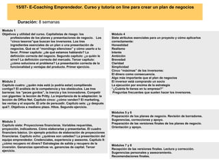 15/07- E-Coaching Emprendedor. Curso y tutoría on line para crear un plan de negocios Duración:  8 semanas Modulo 1 Objetivos y utilidad del curso. Capitalistas de riesgo: los profesionales de los planes y presentaciones de negocio.  Los “cinco tesoros”que buscan los inversores. Los tres ingredientes esenciales de un plan o una presentación de negocios. Qué es el “monólogo silencioso” y cómo usarlo a tu favor. Primer capítulo: ¿de qué estamos hablando? La definición correcta del negocio. Segundo capítulo: ¿a quién le sirve? La definición correcta del mercado. Tercer capítulo: ¿cómo soluciona el problema? La presentación correcta de la funcionalidad y ventajas del producto. Primer ejercicio.  Módulo 2 Capítulo cuatro: ¿quién más está (o podría estar) compitiendo contigo? El análisis de la competencia y los obstáculos. Las tres barreras: los “peces gordos”, la inercia y los innovadores. Competir con gigantes: la lección de Pritty. La importancia de la adaptación: la lección de Office Net. Capítulo cinco: ¿cómo venden? El marketing, las ventas y el soporte. El arte de persuadir. Capítulo seis: ¿y después qué?. Objetivos a mediano plazo. Hitos. Segundo ejercicio.  Módulo 3 Capítulo siete: Proyecciones financieras. Variables requeridas, proyección, indicadores. Cómo elaborarlas y presentarlas. El cuadro financiero básico. Un ejemplo práctico de elaboración de proyecciones financieras. Capítulo ocho: ¿quiénes son ustedes? La presentación del equipo emprendedor. Credenciales, experiencia y asesores. Capítulo 9: ¿cómo recupero mi dinero? Estrategias de salida y recupero de la inversión. Ganancias operativas vs. ganancias de capital. Tercer ejercicio.  Módulo 4 Siete atributos esenciales para un proyecto y cómo aplicarlos correctamente:  Honestidad Realismo Interés Ambición Brevedad Claridad Simplicidad Cinco “máximas” de los inversores:  El dinero como consecuencia. Algo más importante que el plan de negocios El inversor está comprando un socio La ejecución por encima de la estrategia “ ¿Cuánta fe tienes en tu empresa?” Preguntas frecuentes que suelen hacer los inversores.  Módulos 5 y 6 Preparación de los planes de negocio. Revisión de borradores.  Sugerencias, correcciones y apoyo. Preparación de las versiones finales de los planes de negocio. Orientación y apoyo. Módulos 7 y 8 Recepción de las versiones finales. Lectura y corrección. Sugerencias personales y asesoramiento.  Recomendaciones finales.   