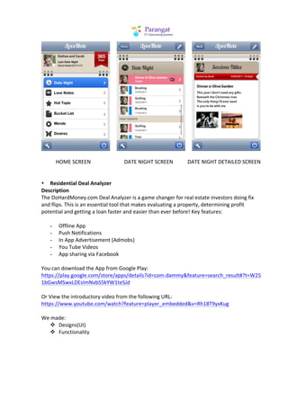  	
  	
  	
  	
                                                                                     	
  	
  	
  	
  	
                        	
  
	
  
	
  	
  	
  	
  	
  	
  	
  	
  	
  	
  	
  HOME	
  SCREEN	
   	
      	
  	
  	
  	
  	
  	
  	
  	
  	
  	
  DATE	
  NIGHT	
  SCREEN	
  	
  	
  	
  	
  	
  	
  	
  	
  	
  	
  DATE	
  NIGHT	
  DETAILED	
  SCREEN	
  
	
  
	
  
• Residential	
  Deal	
  Analyzer	
  
Description	
  
The	
  DoHardMoney.com	
  Deal	
  Analyzer	
  is	
  a	
  game	
  changer	
  for	
  real	
  estate	
  investors	
  doing	
  fix	
  
and	
  flips.	
  This	
  is	
  an	
  essential	
  tool	
  that	
  makes	
  evaluating	
  a	
  property,	
  determining	
  profit	
  
potential	
  and	
  getting	
  a	
  loan	
  faster	
  and	
  easier	
  than	
  ever	
  before!	
  Key	
  features:	
  
	
  
                           - Offline	
  App	
  
                           - Push	
  Notifications	
  
                           - In	
  App	
  Advertisement	
  (Admobs)	
  
                           - You	
  Tube	
  Videos	
  
                           - App	
  sharing	
  via	
  Facebook	
  
	
  
You	
  can	
  download	
  the	
  App	
  from	
  Google	
  Play:	
  
https://play.google.com/store/apps/details?id=com.dammy&feature=search_result#?t=W25
1bGwsMSwxLDEsImNvbS5kYW1teSJd	
  	
  
	
  
Or	
  View	
  the	
  introductory	
  video	
  from	
  the	
  following	
  URL:	
  
https://www.youtube.com/watch?feature=player_embedded&v=Rh18T9yxKug	
  	
  
	
  
We	
  made:	
  
                           v Designs(UI)	
  
                           v Functionality	
  
	
  
 