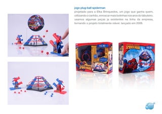 jogo plug-ball spiderman
projetado para a Elka Brinquedos, um jogo que ganha quem,
utilizando o canhão, enroscar mais bolinhas nos aros do tábuleiro.
usamos algumas peças ja existentes na linha da empresa,
tornando o projeto totalmente viável. lançado em 2008.
 