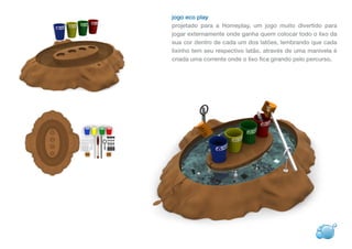 jogo eco play
projetado para a Homeplay, um jogo muito divertido para
jogar externamente onde ganha quem colocar todo o lixo da
sua cor dentro de cada um dos latões, lembrando que cada
lixinho tem seu respectivo latão. através de uma manivela é
criada uma corrente onde o lixo fica girando pelo percurso.
 