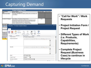 Capturing Demand

                   • “Call for Work” / Work
                     Requests

                   • Project Initiation Form /
                     Project Request

                   • Different Types of Work
                     (i.e. Products,
                     Capabilities,
                     Requirements)

                   • Complete Project
                     Request (Business
                     Case) to continue in
                     lifecycle

                                       Confidential
 