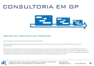 Este serviço prevë a implementação de Processos de Gestão de Portfólio.

O trabalho de gestão de portfólio de projetos realizado pela nossa empresa realiza-se em três fases: Avaliação, Desenvolvimento de Processos e
Implementação.

Na primeira fase são identiﬁcadas e avaliadas as necessidades da empresa, assim como o direcionamento estratégico para o seu portfólio de projetos. Na
fase de desenvolvimento é feito o mapa de gerenciamento do portfólio de projetos, que inclui a deﬁnição de processos, formulários, métodos de avaliação e
priorização e demais aspectos necessários à adequada gestão de portfólio. Na última fase, nossos consultores apoiam o cliente na organização dos processos
de priorização e estruturação inicial de cada projeto, preparando-os para uma imediata implementação com sucesso.




         Avenida Paulista, 726, 17o Andar, Conjunto 1707D, Bela Vista - São Paulo/SP - CEP: 01310-910   www.pm11k.com
         Copyright © 2011 PM11K - Project Management 11K Consultoria LTDA                               contato@pm11k.com         +55 (11) 4506-3106         06
 
