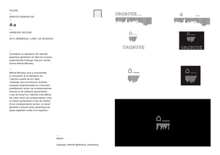 —
Conception et réalisation de l’identité
graphique générative du label de musique
expérimentale Grabuge crée par l’artiste
sonore Martial Bécheau.
—
Martial Bécheau nous a commandité
la conception et la réalisation de
l’identité visuelle de son label.
«Grabuge vise à promouvoir diverses
pratiques expérimentales en s’articulant
parallèlement autour de correspondances
sonores et de créations personnelles»
L’axe de travail sur l’identité a été définie
par cette notion de correspondance, avec
la maison symbolisant le lieu de création
d’une correspondance sonore. Le travail
génératif a ensuite rendu dynamique les
lignes rappellant celles d’un equalizer.
—
Détails :
Logotype, identité générative, processing.
POIVRE
—
IDENTITÉ GÉNÉRATIVE
—
—
GRABUGE RECORD
—
2013 | BORDEAUX | LABEL DE MUSIQUE
 