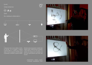 —
L’association Sew & Laine, dédiée au textile,
au fait-main, et à la création a organisé
la Spring Week # 1, festival de la culture
textile. Invité en résidence, POIVRE conçoit
et développe l’installation interactive DRAW.
Véritable surface d’expression installée dans
l’espace public, DRAW permet de dessiner
à main levée sur un mur, une vitrine. À la
manière d’un tableau de fil numérique, les
liens ainsi tissés générent des formes, des
volumes.
—
programmation — librairie — capteur
processing _ simpleOpenNI _ kinect
POIVRE
—
VITRINE INTERACTIVE
—
—
DRAW
—
2013 | BORDEAUX | SPRING WEEK #1
 