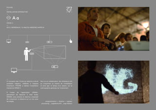 —
À l’occasion des 10 ans du webzine culturel
bordelais Happe:n, célébrés à l’espace
Chantecrit, POIVRE a réalisé l’installation
interactive DRAW 2.
À l’instar de l’application «DRAW»,
permettant de dessiner à main levée,
DRAW2, plus précise et réactive, proposait
de «crayonner» à distance sur un mur avec
les doigts.
Seul ou en collaboration, les utilisateurs ont
pu s’exprimer au travers de l’installation
et ainsi agir, le temps d’un dessin, sur la
scénographie générale de l’événement.
—
programmation — librairie — capteur
processing _ LeapMotionP5 _ Leap Motion
POIVRE
—
INSTALLATION INTERACTIVE
—
—
DRAW 2
—
2013 | BORDEAUX | 10 ANS DU WEBZINE HAPPE:N
 