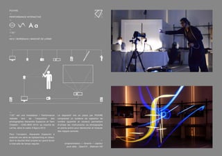 —
1’32’’ est une Installation / Performance
réalisée lors de l’exposition des
photographes Alexandre Dupeyron et Yann
Chatelin : «CAS+BDX 2012» au marché de
Lerme, dans le cadre d’Agora 2012.
Pour l’occasion, Alexandre Dupeyron a
exécuté une série de lightpainting en direct,
dont le résultat était projeté sur grand écran
à intervalle de temps régulier.
Le dispositif mis en place par POIVRE
comprenait un système de captation de
lumière (quantité et couleur) permettant
d’utiliser les «instruments» du photographe
en pleine action pour déclencher et moduler
des nappes sonores.
—
programmation — librairie — capteur
pure data _ OpenCV _ Webcam HD
POIVRE
—
PERFORMANCE INTERACTIVE
—
—
1’32’’
—
2012 | BORDEAUX | MARCHÉ DE LERME
 