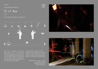 —
2’32’’ est une Installation / Performance
faisant echo à 1’32’’. Au terme d’une
résidence de quatre jours à la Caserne Niel
avec les photographes Alexandre Dupeyron
et Yann Chatelin ainsi que L’être Lambda au
oud, nous avons réalisé une performance à
deux personnes captées en temps réel, le
tout filmé par l’équipe de PADRE
Le dispositif mis en place par POIVRE
comprenait deux systèmes de captation
(webcam et Kinect) permettant de traduire
chaque mouvement des photographes pour
déclencher et moduler des nappes sonores.
—
programmation — librairie — capteur
processing & pure data
SimpleopenNi & OpenCV
kinect & Webcam HD
POIVRE
—
PERFORMANCE INTERACTIVE
—
—
2’32’’
—
2013 | BORDEAUX | DARWIN - CASERNE NIEL
 