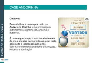 Objetivo:
Potencializar a marca por meio da
Andorinha Dorinha, uma personagem
extremamente carismática, próxima e
autêntica.
A marca queria aproximar-se ainda mais
do dia a dia das consumidoras, com mais
conteúdo e interações genuínas,
construindo um relacionamento de amizade,
respeito e admiração.
CASE ANDORINHA
GestãodeRedesSociais
 