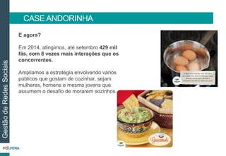 E agora?
Em 2014, atingimos, até setembro 429 mil
fãs, com 8 vezes mais interações que os
concorrentes.
Ampliamos a estratégia envolvendo vários
públicos que gostam de cozinhar, sejam
mulheres, homens e mesmo jovens que
assumem o desafio de morarem sozinhos.
GestãodeRedesSociais
CASE ANDORINHA
 