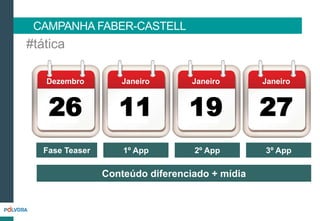 Fase Teaser
Conteúdo diferenciado + mídia
1º App 2º App 3º App
CAMPANHA FABER-CASTELL
#tática
 