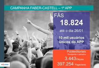 18.824
até o dia 26/01
10 mil usuários
únicos do APP
397.254 Pageviews
Publieditoriais
Divulgando o aplicativo
3.443Cliques
CAMPANHA FABER-CASTELL – 1º APP
FÃS
 