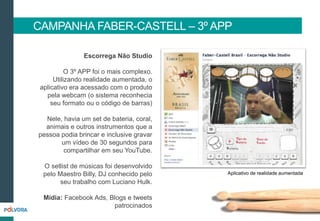Aplicativo de realidade aumentada
CAMPANHA FABER-CASTELL – 3º APP
Escorrega Não Studio
O 3º APP foi o mais complexo.
Utilizando realidade aumentada, o
aplicativo era acessado com o produto
pela webcam (o sistema reconhecia
seu formato ou o código de barras)
Nele, havia um set de bateria, coral,
animais e outros instrumentos que a
pessoa podia brincar e inclusive gravar
um vídeo de 30 segundos para
compartilhar em seu YouTube.
O setlist de músicas foi desenvolvido
pelo Maestro Billy, DJ conhecido pelo
seu trabalho com Luciano Hulk.
Mídia: Facebook Ads, Blogs e tweets
patrocinados
 