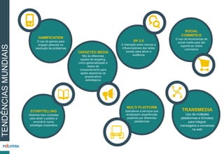GAMIFICATION
O uso de games para
engajar pessoas na
resolução de problemas
STORYTELLING
Histórias bem contadas
para atrair o público e
envovê-lo numa
estratégia corporativa
TARGETED MEDIA
Mix de diferentes
opções de targeting,
como geolocalização e
dados de
comportamento para
ações assertivas de
grupos-alvos
estratégicos
RP 2.0
A interação entre marcas e
influenciadores das redes
sociais para ativar a
audiência
MULTI PLATFORM
Aplicativos e serviços que
endereçam experiências
positivas por diferentes
plataformas
SOCIAL
COMMERCE
O uso de ferramentas de
social media para dar
suporte ao online
commerce
TRANSMEDIA
Uso de múltiplas
plataformas e formatos
para integrar
mensagens e conversas
na web
TENDÊNCIASMUNDIAIS
 