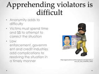 Apprehending violators is
       difficult
• Anonymity adds to
  difficulty
• Victims must spend time
  and $$ to attempt to
  correct the situation
• Law
  enforcement, governm
  ent and credit industries
  add complications to
  resolving the situation in
  a timely manner
                               http://appraisalnewsonline.typepad.com/appraisal_n
                                                     ews_for_real_e/identity_theft/
 