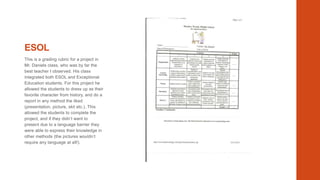 ESOL
This is a grading rubric for a project in
Mr. Daniels class, who was by far the
best teacher I observed. His class
integrated both ESOL and Exceptional
Education students. For this project he
allowed the students to dress up as their
favorite character from history, and do a
report in any method the liked
(presentation, picture, skit etc.). This
allowed the students to complete the
project, and if they didn’t want to
present due to a language barrier they
were able to express their knowledge in
other methods (the pictures wouldn’t
require any language at all!).

 