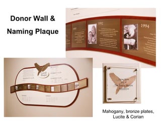 Donor Wall &
Naming Plaque




                Mahogany, bronze plates,
                    Lucite & Corian
 