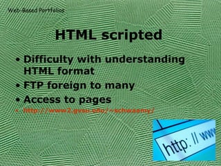 HTML scripted Difficulty with understanding HTML format FTP foreign to many Access to pages  http://www2.gvsu.edu/~schwaamy/   Web-Based Portfolios 